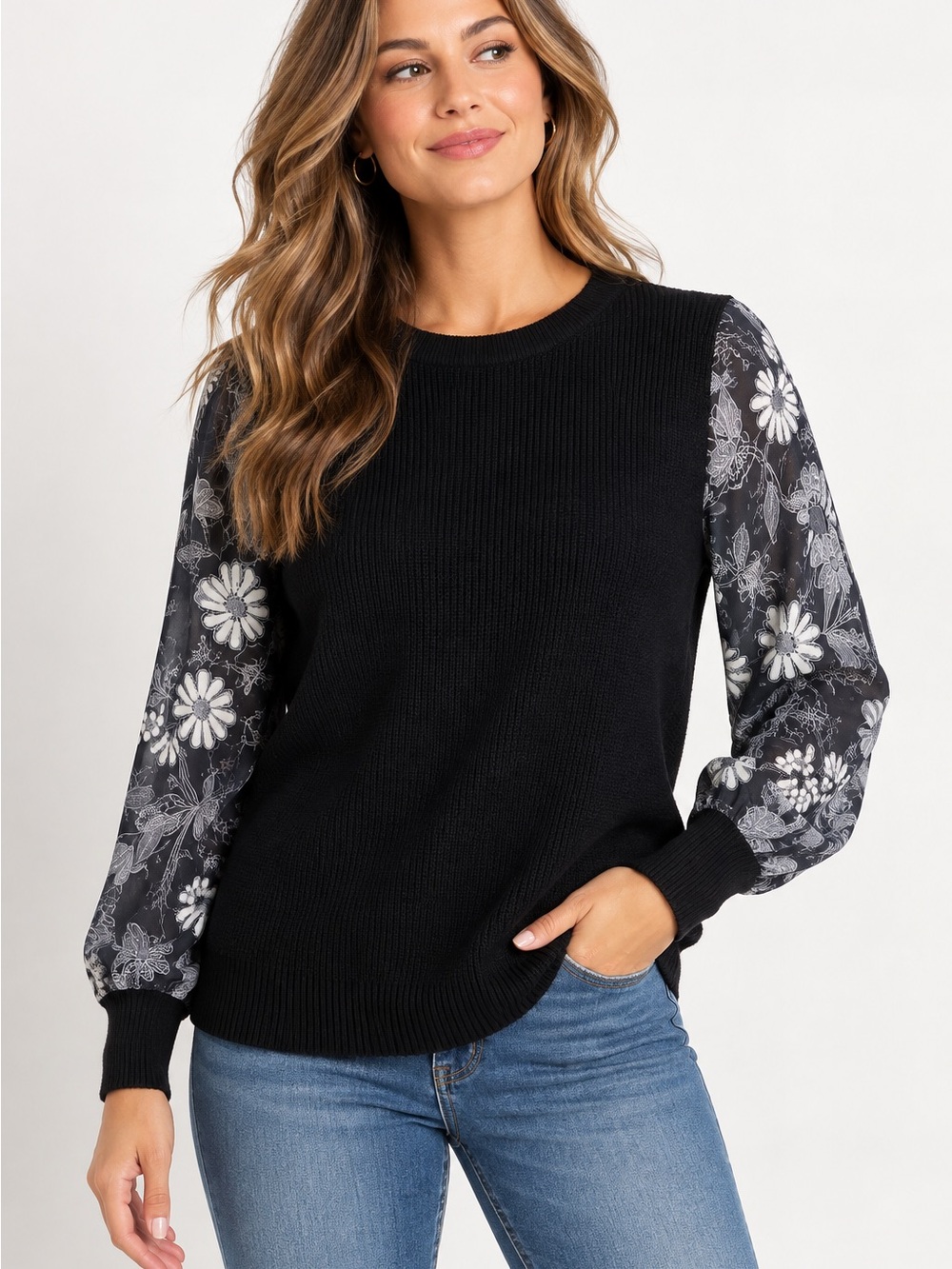 INC International Concepts L Black Floral Sleeve Mixed Media Knit Sweater Woven